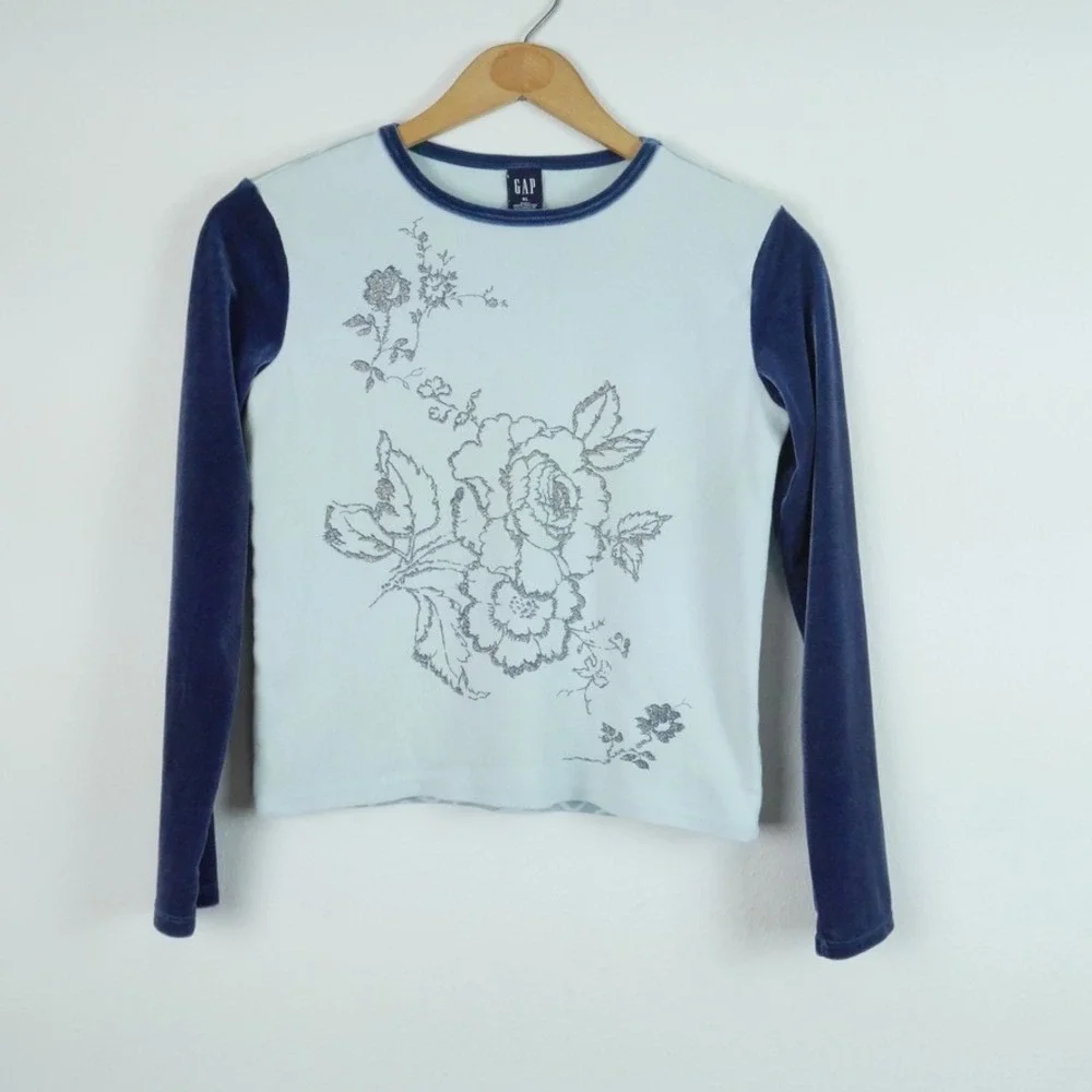 Vintage Gap Kids XL Blue Velvet‎ Sleeve Floral Glitter Zebra Print Top Y2K